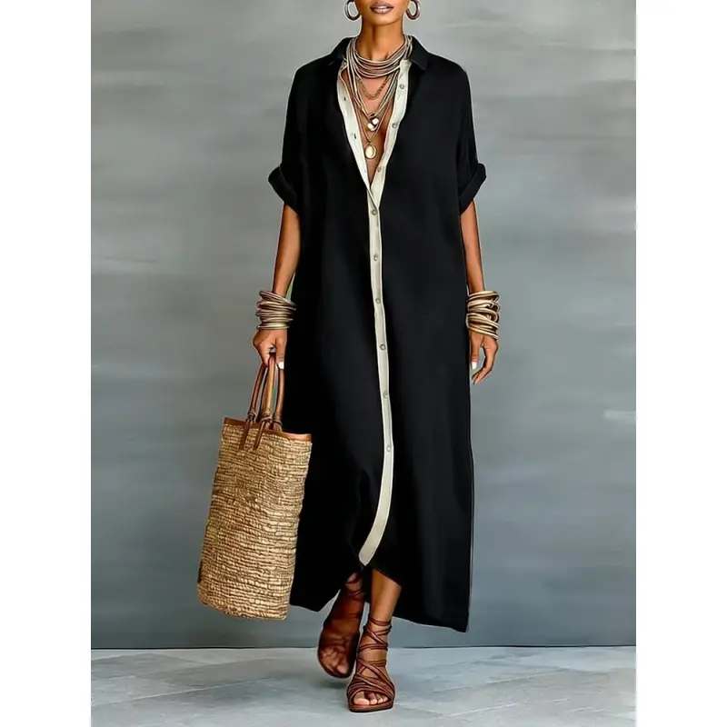 Boho Oversized Shirt Dress - Perfect for Beach, Vacation & Brunch! Contrast Trim Button Down Casual Loose Dress