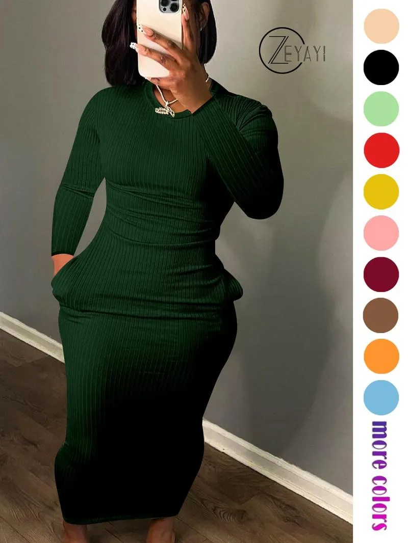 Women's Long Sleeve Pocket Dress, Breathable Elastic Multi-Color Party Casual Travel Pure Color Maxi Dress