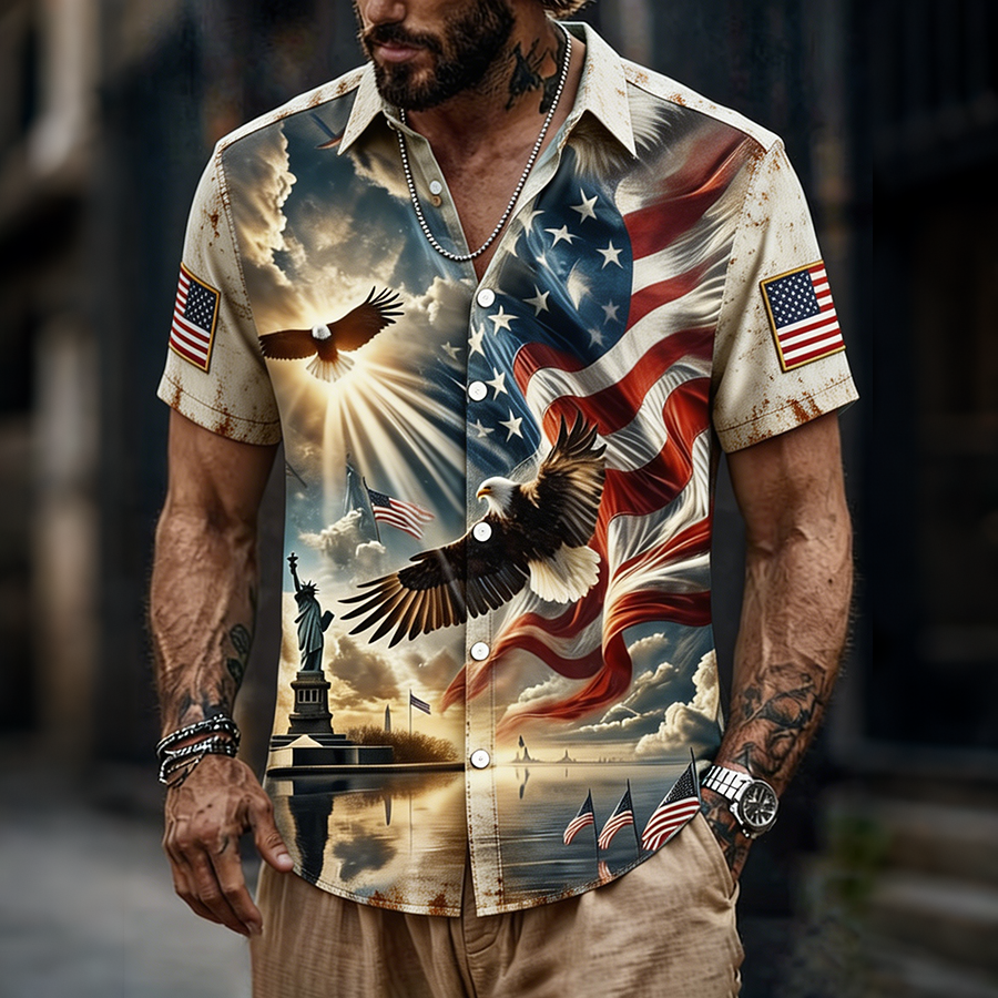Men's American Flag Bald Eagle Statue of Liberty Distressed Button Up Shirt