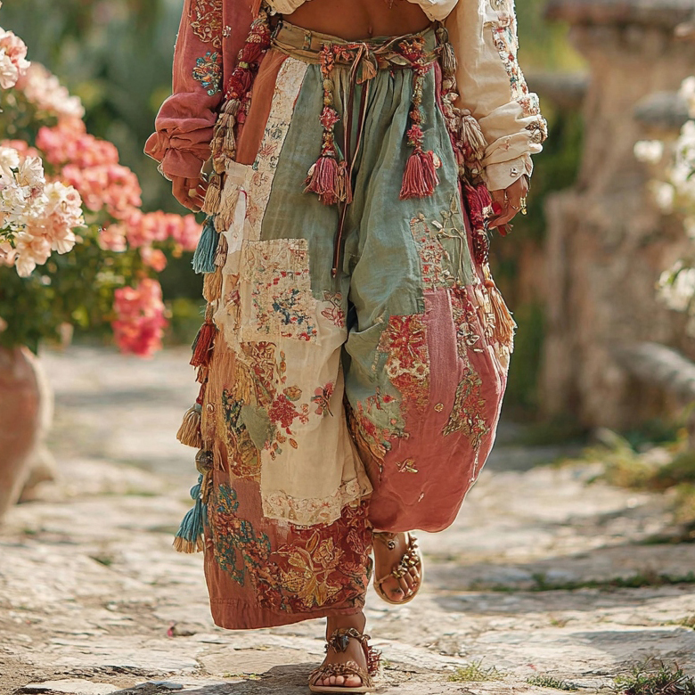 Women's Rose Floral Patchwork Waist Elastic Pocket Pants