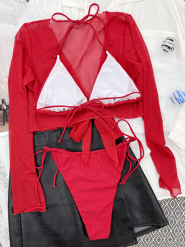 Three Pieces Padded Backless Bandage Mesh Solid Color Halter-Neck Bikini Swimsuit &Cover-Ups Tops Set