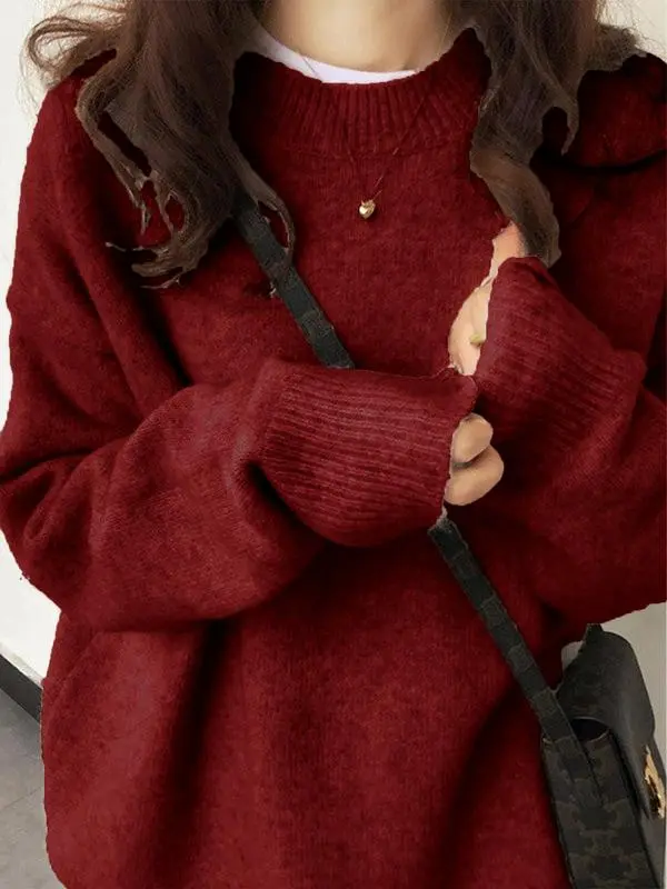 Women's Solid Drop Shoulder Long Sleeve Sweater Pullover