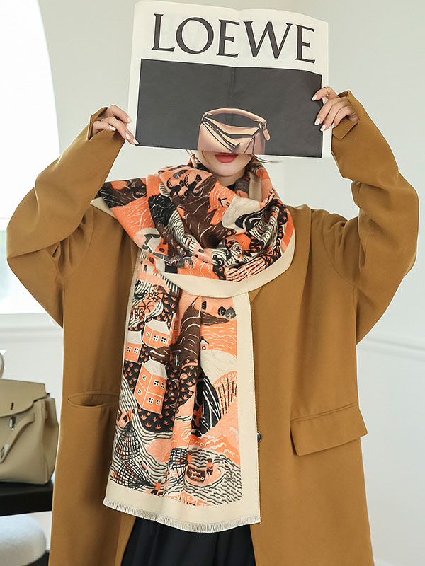 Vintage Printed Tasseled Shawl&Scarf