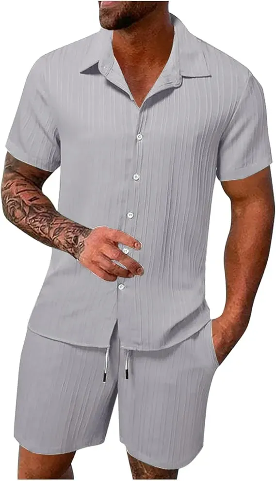 Men'S Solid Textured Short Sleeve Button Front Shirt & Pocket Drawstring Waist Shorts Two-Piece Set, Casual Summer Outfits Clothes Set For Men, Sets For Men Clothing, Menswear,  Summer Outfits Set