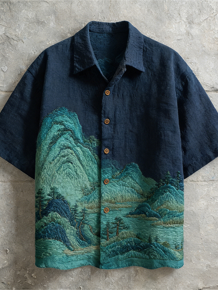 Vintage Japanese Landscape Art Linen Short Sleeve Shirt