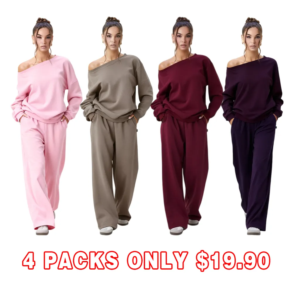 Women's Leisure Solid Color Sloping Shoulder Long Sleeve Top & Wide Leg Trousers Co-ord