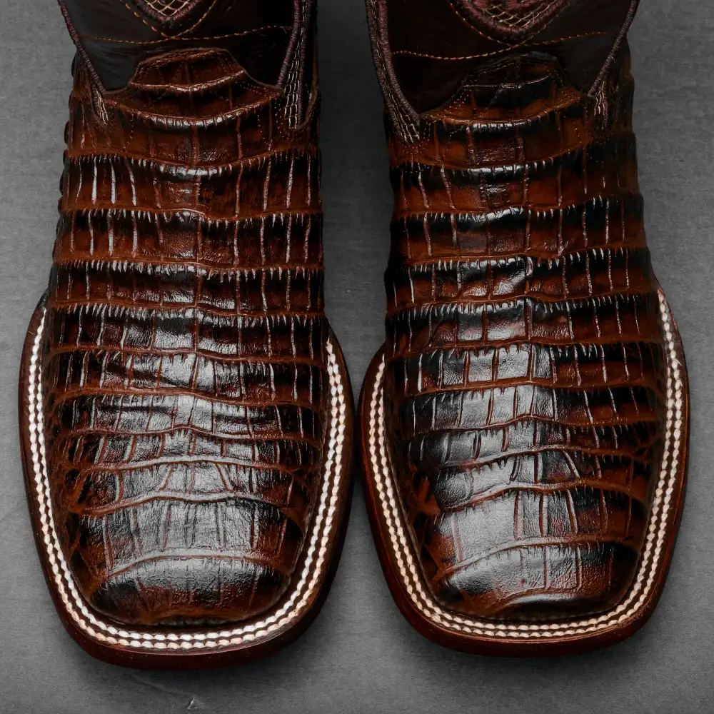 Chocolate Brown Caiman Belly Leather Boots - Square Toe
