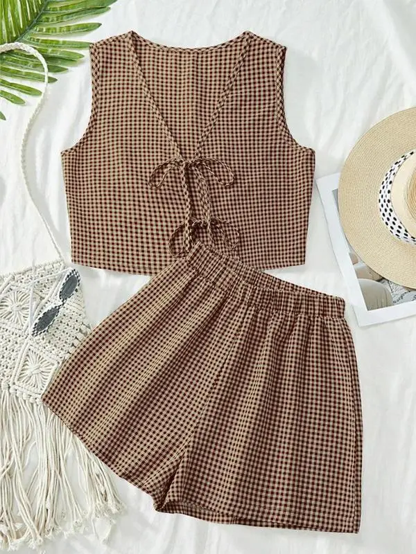 Women's Plaid Print Tank Top & High Waist Shorts Set