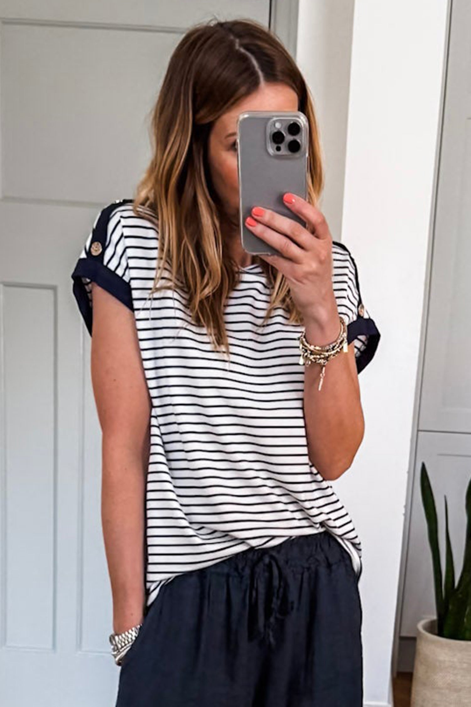 Black Stripe Cuffed Sleeve Button Detail Loose Tee