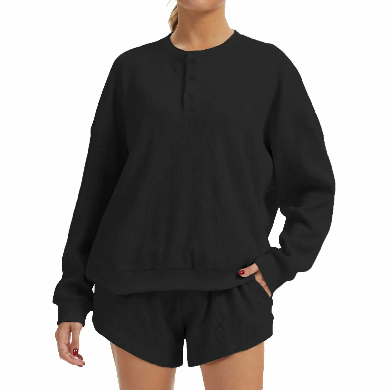 Women's Oversized Waffle Knit Lounge Set – Long Sleeve Henley Sweatshirt and High Waisted Shorts 2 Piece Casual Outfit Summervibes