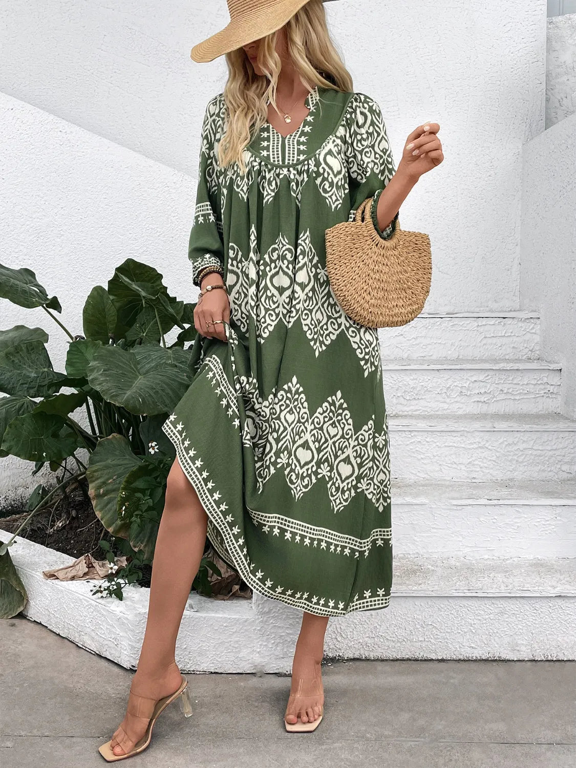 Printed Notched Midi Dress with Pockets