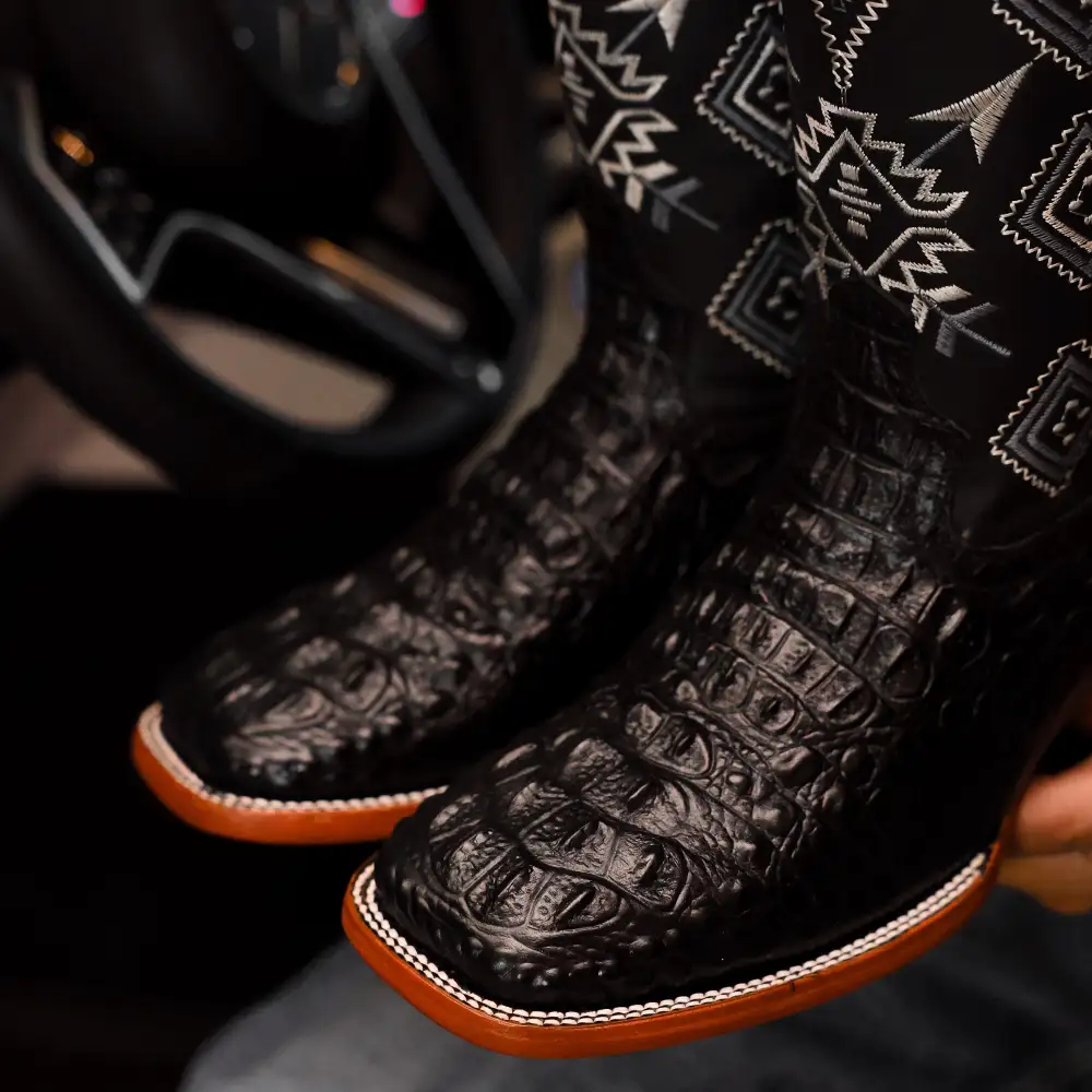 Black Caiman Neck Leather Boots - Square Toe