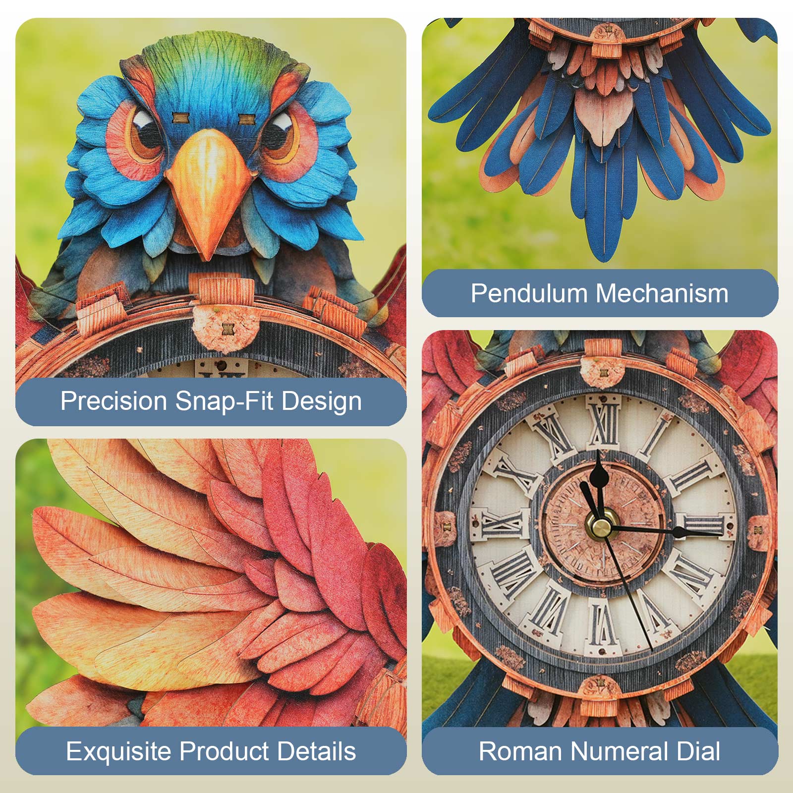 Parrot â€“ DIY Wooden Clock, 3D Puzzle Craft Kit