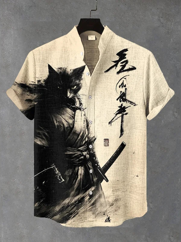 Men's Black Cat Samurai Ink Painting Art Print Short Sleeve Shirt