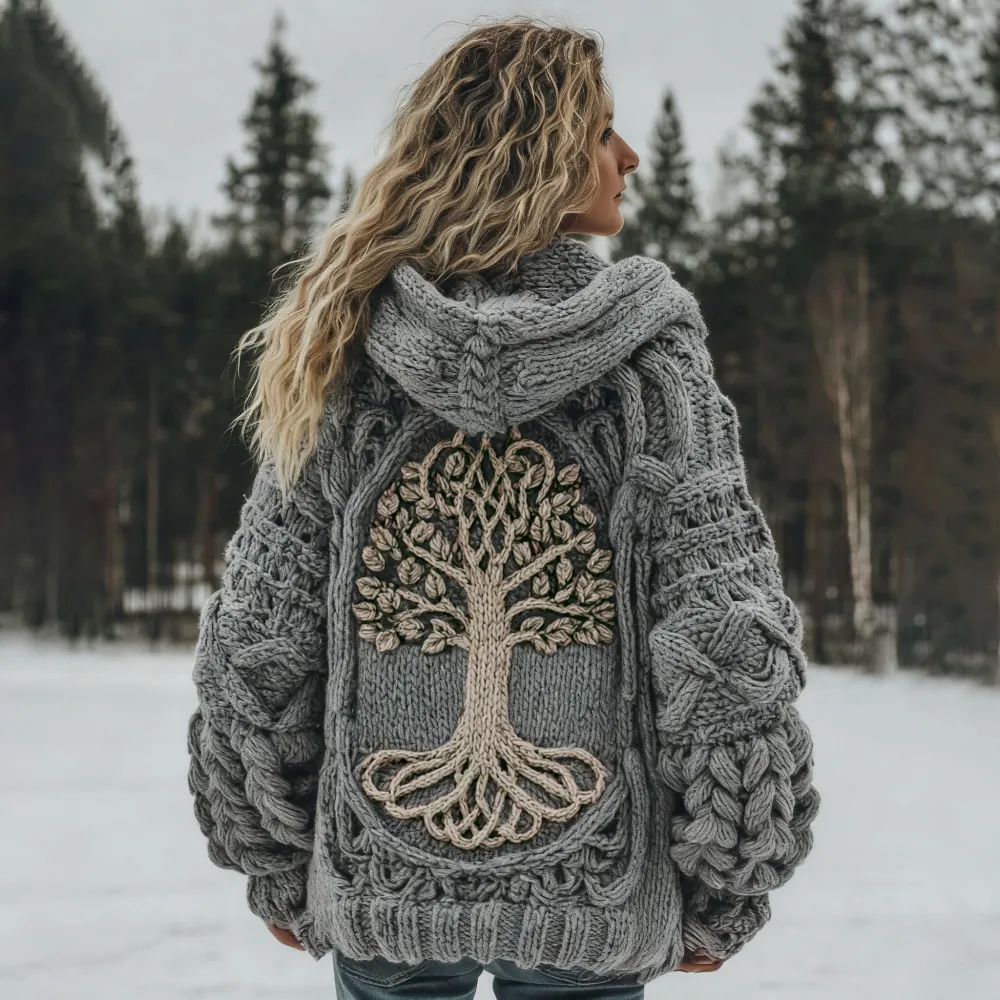 Women's Vintage Viking Tree Of Life Cozy Knit Hooded Sweater