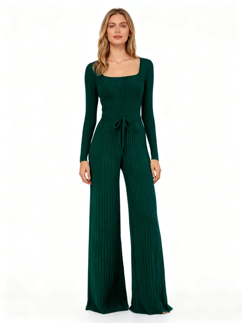 Women's Slim-Fit Solid Color Ribbed Fleece Jumpsuit Set