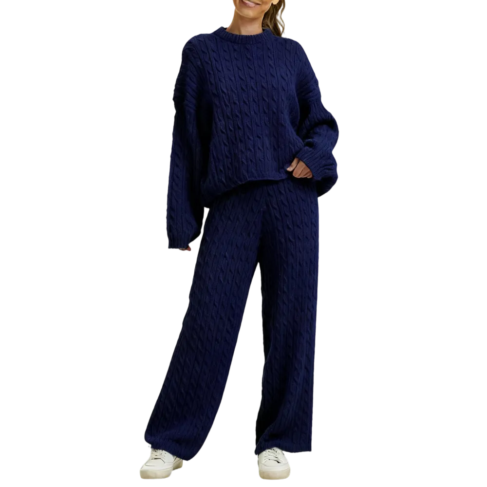 Women's Cable Knit Lounge Set - Long Sleeve Pullover & Wide Leg Pants