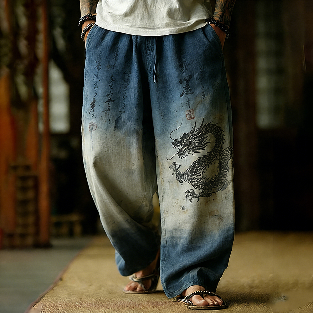 Japanese Style Dragon Totem And Sea Wave Linen Trousers