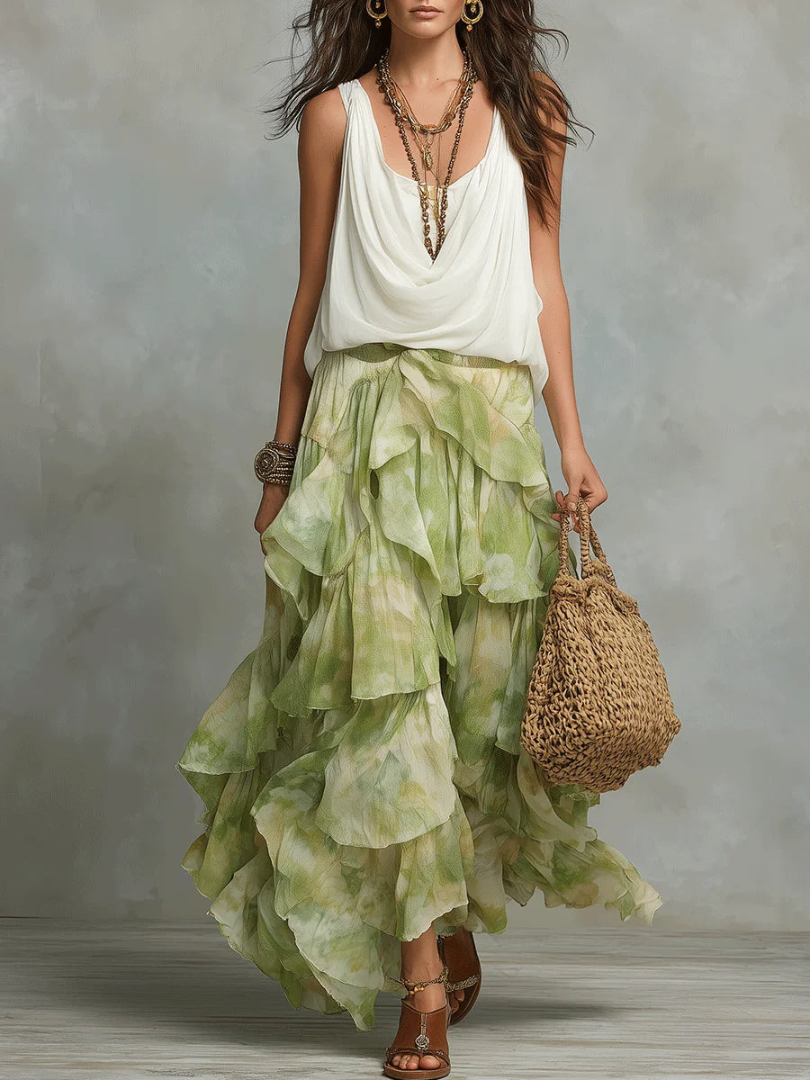 Women's Chic Ivory Draped Top & Green Ruffle Maxi Skirt Set