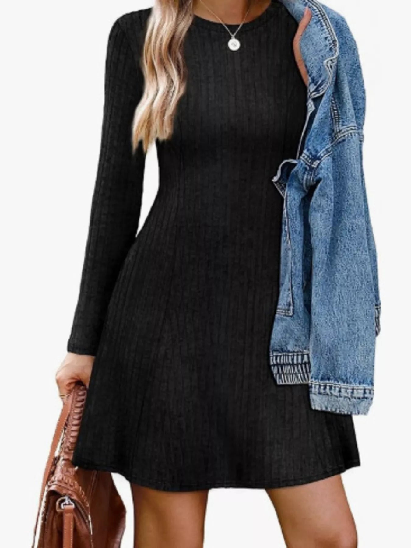 Ribbed Knit Long Sleeve A-Line Dress
