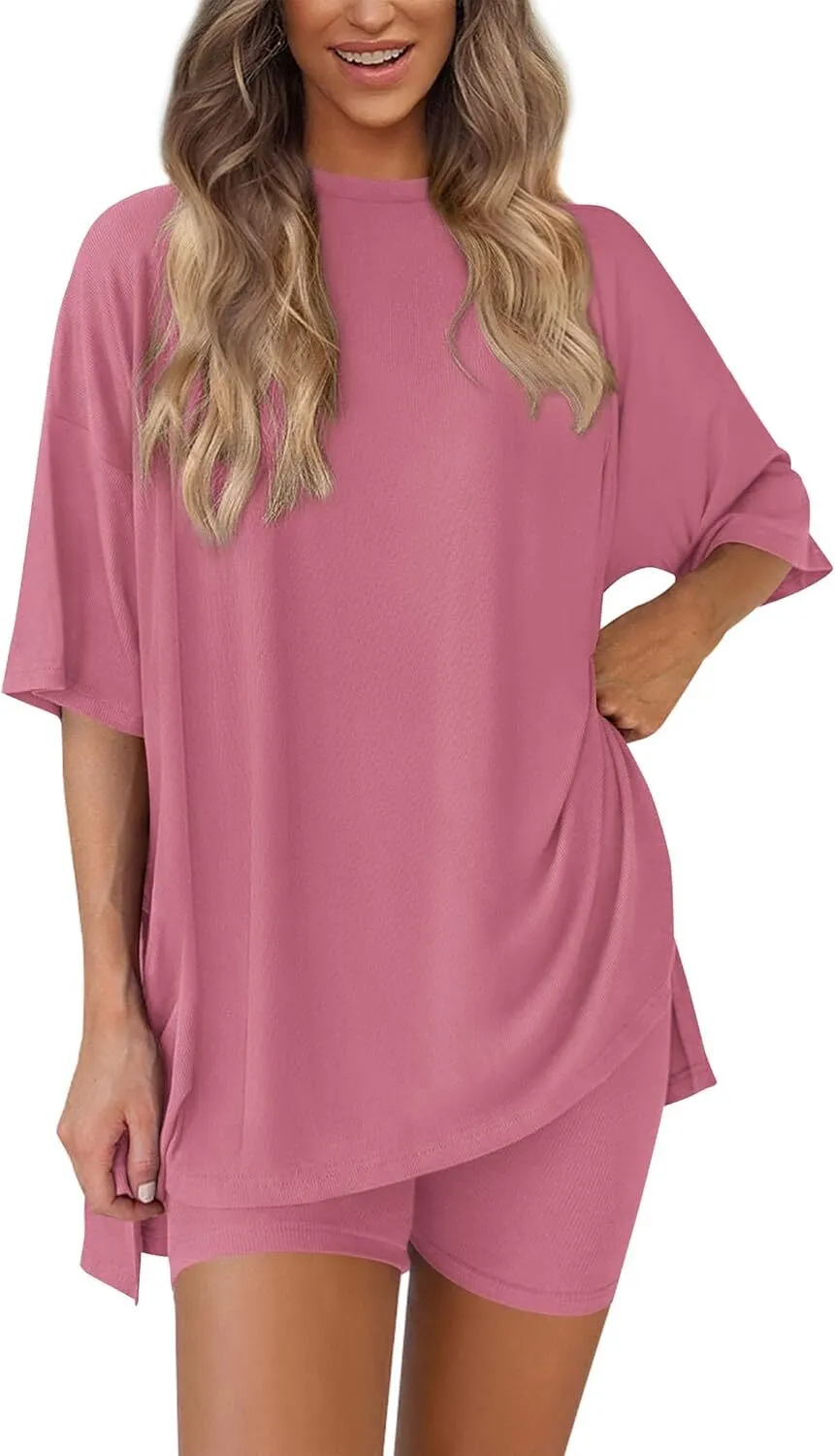 Special Sale❤️Women's Two Piece Lounge Set 2026 Summer Casual Oversized Shirts  Biker Shorts Matching Airport Travel Outfit
