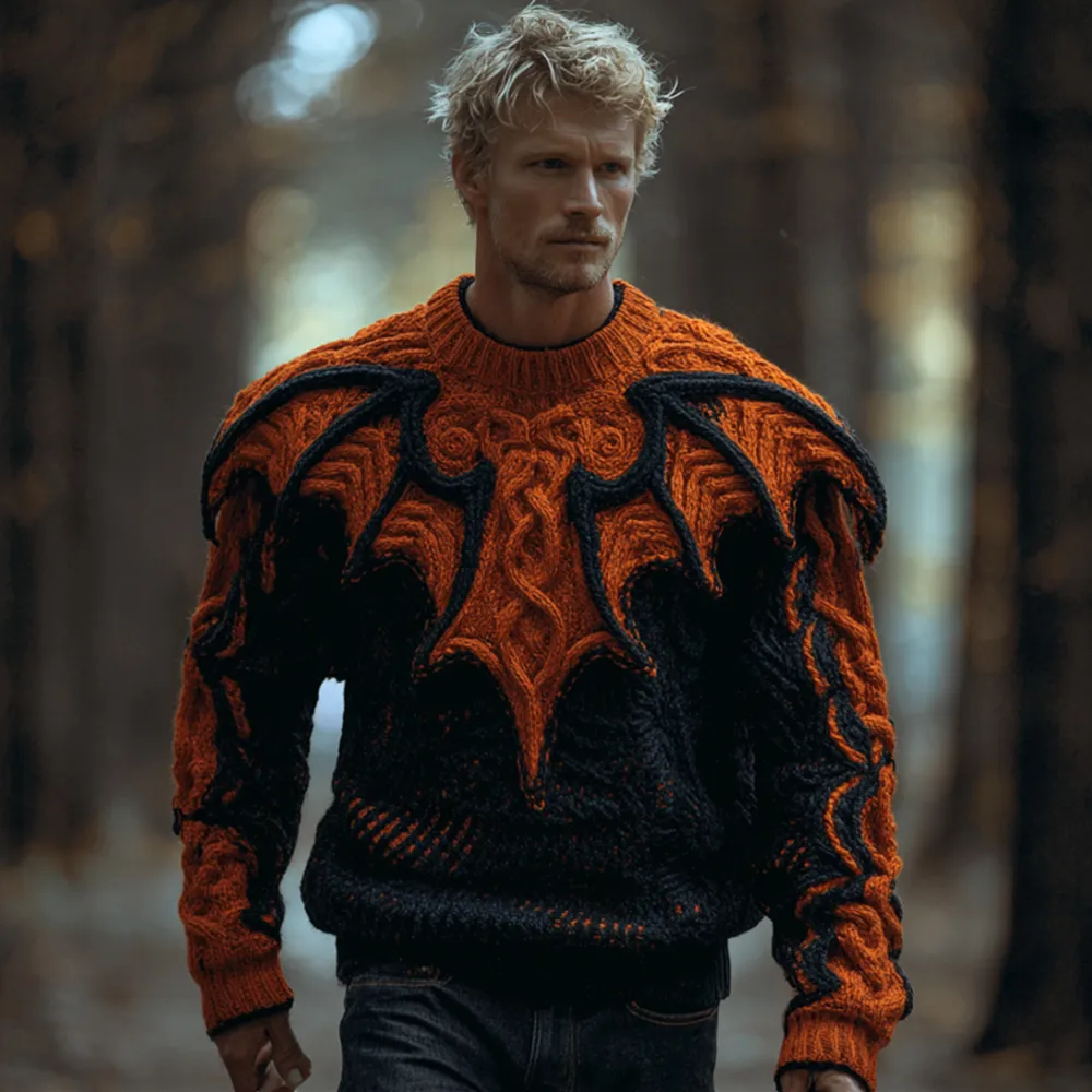 Men's Halloween Bat Contrasting 3d Knitted Sweater