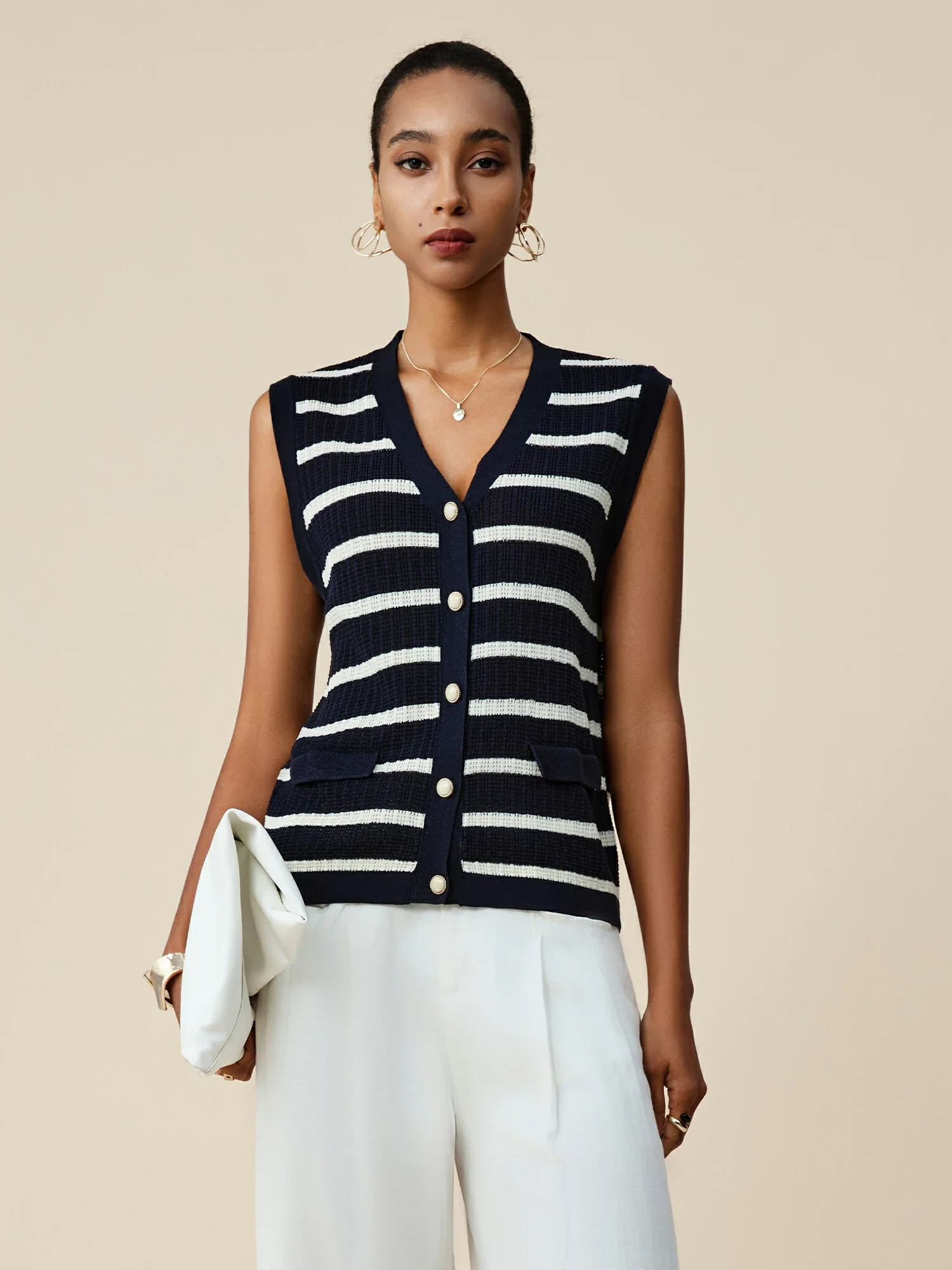 Lyocell & Linen V-Neck Sleeveless Striped Knitted Vest