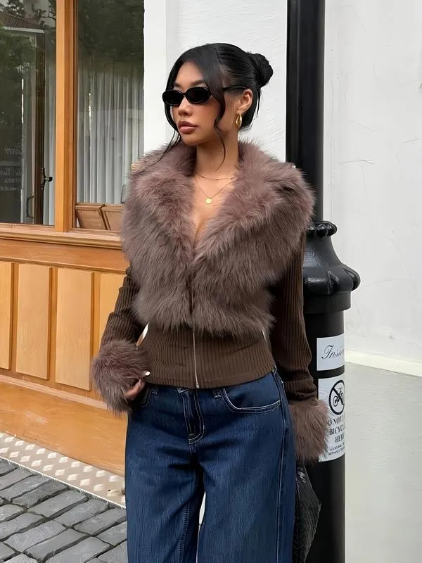 Women's Fashion Street Style Patchwork Knit Faux Fur Jacket