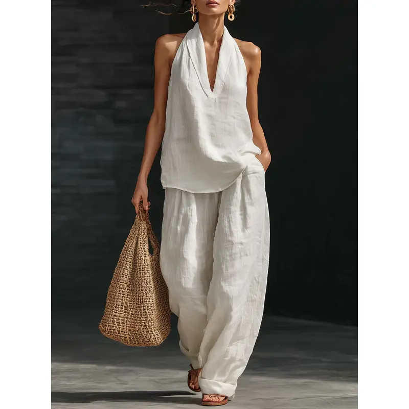 Boho Linen Two Piece Set - Perfect for Beach, Vacation & Brunch! Halter Neck Sleeveless Top Wide Leg Pants Set