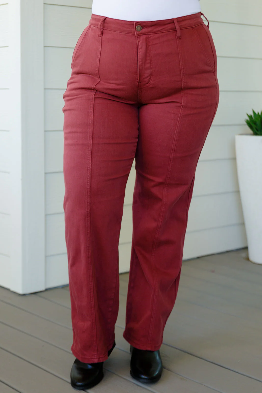 Blue Phoebe High Rise Front Seam Straight Jeans in Burgundy