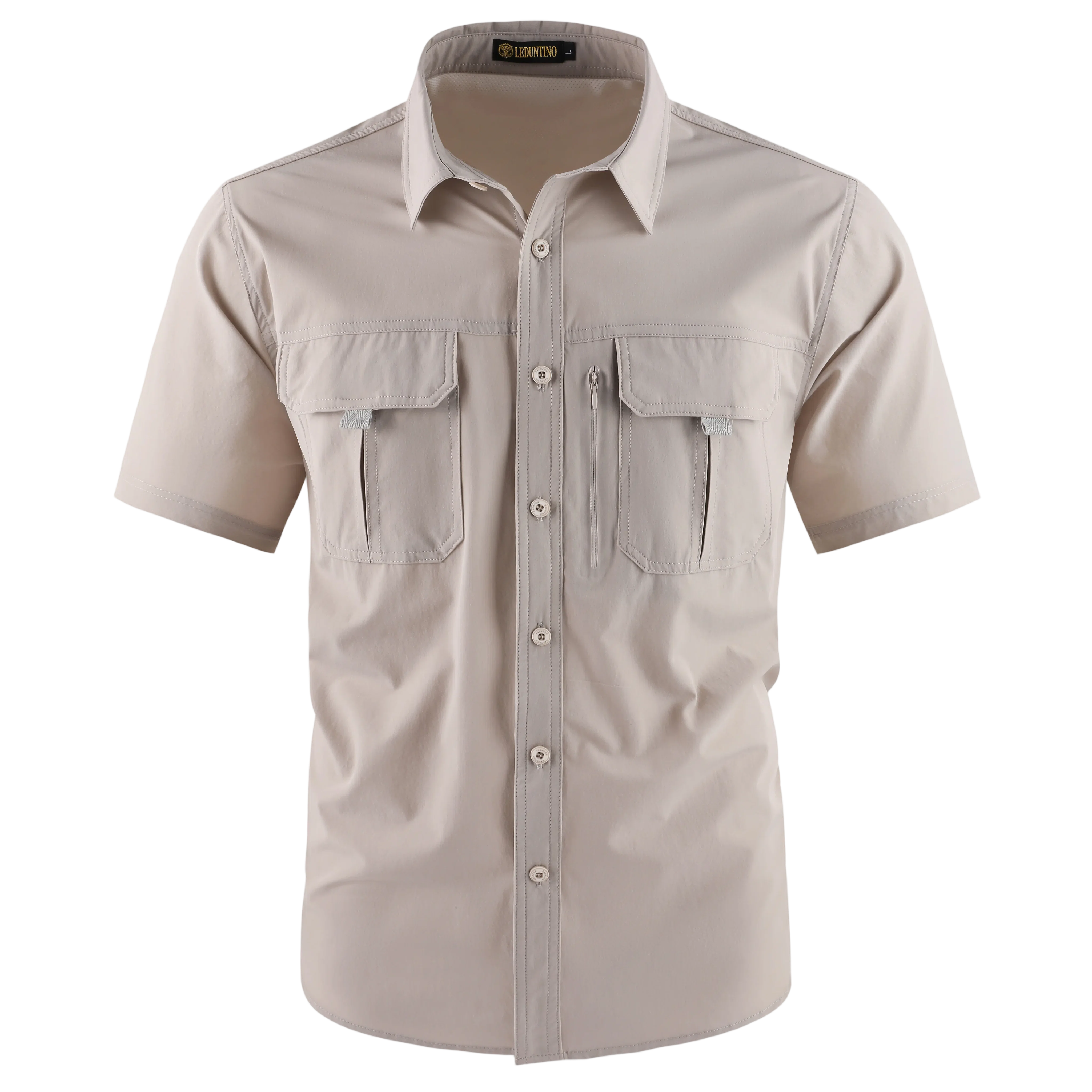 Men's American-Style Solid Color Shirt with Hidden Ventilation Holes Casual Summer Beach Nylon Shirt High-Quality Fabric Short Sleeves Button Closures