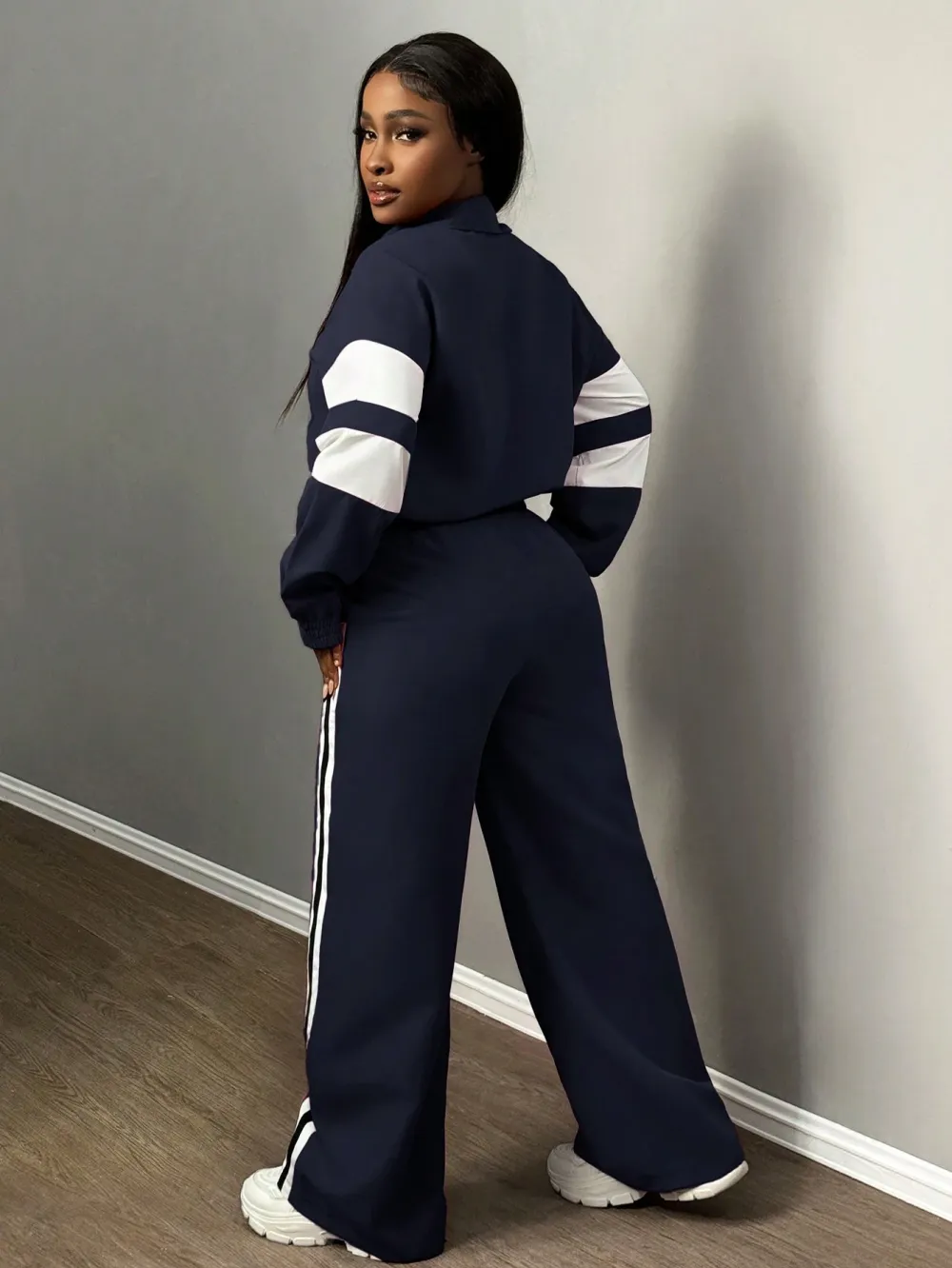 Women'S Zipper Jacket & Striped Wide-Leg Pants Set, Streetwear & Casual, Two-Piece Suit For Daily Wear