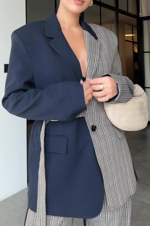 Women Elegant Office Irregular Contrast Plaid Blazer + Pants Suit