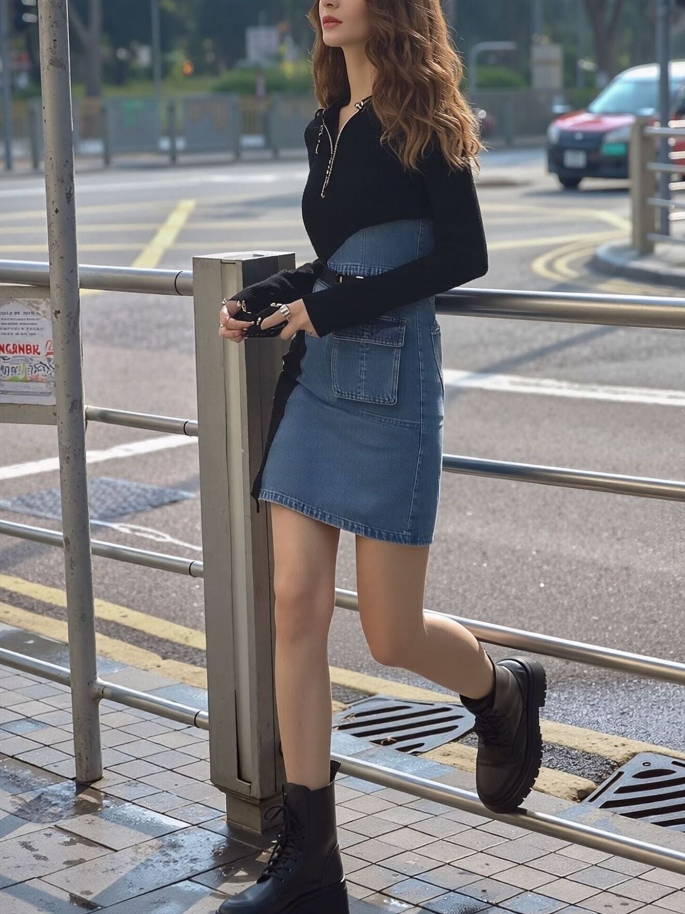 Full Size Color Block Denim Patchwork Mini Dress Plus Size