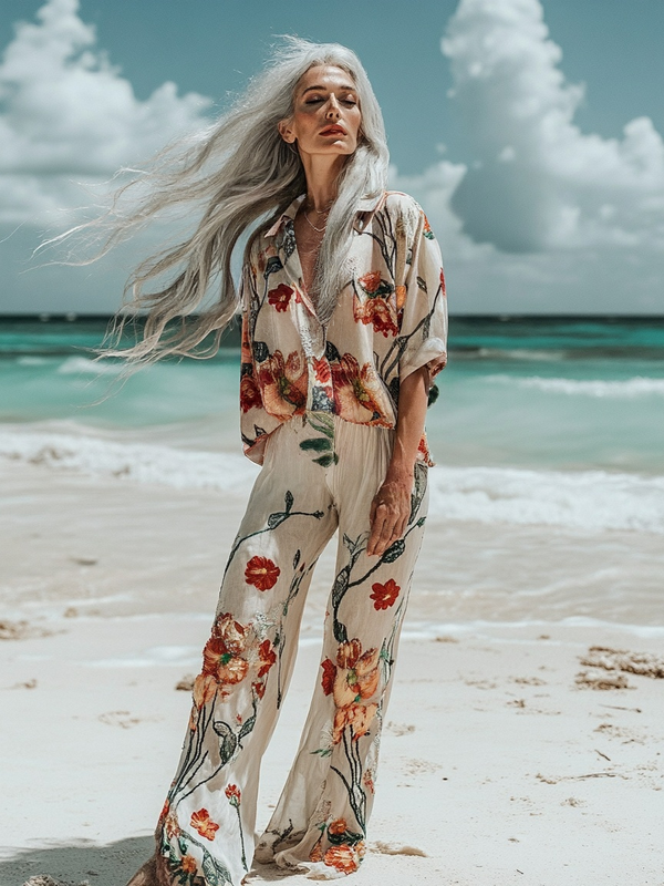 Vacation seaside elegant embroidery top + pant two piece set 9c27