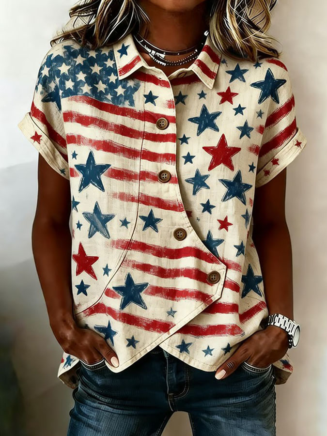 Women'S Cotton And Linen Button Design Casual American Independence Day 250Th Anniversary Short Sleeved Summer Top