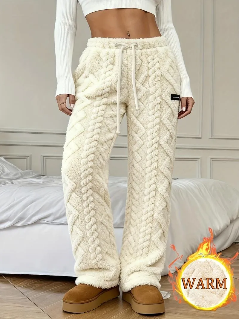 Women's Winter Lined Casual Pants - Jacquard Fabric & Drawstring Waist
