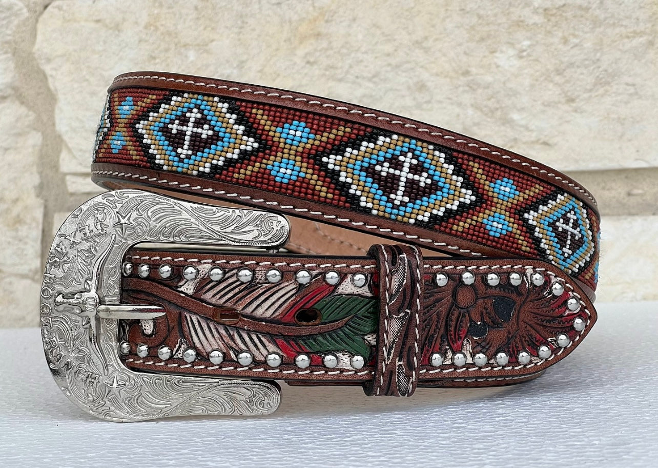 Hand-Tooled Artesanal Beaded Leather Belt