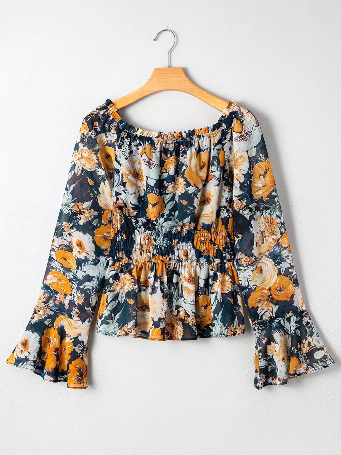Floral Off Shoulder Bell Sleeve Smocked Peplum Top