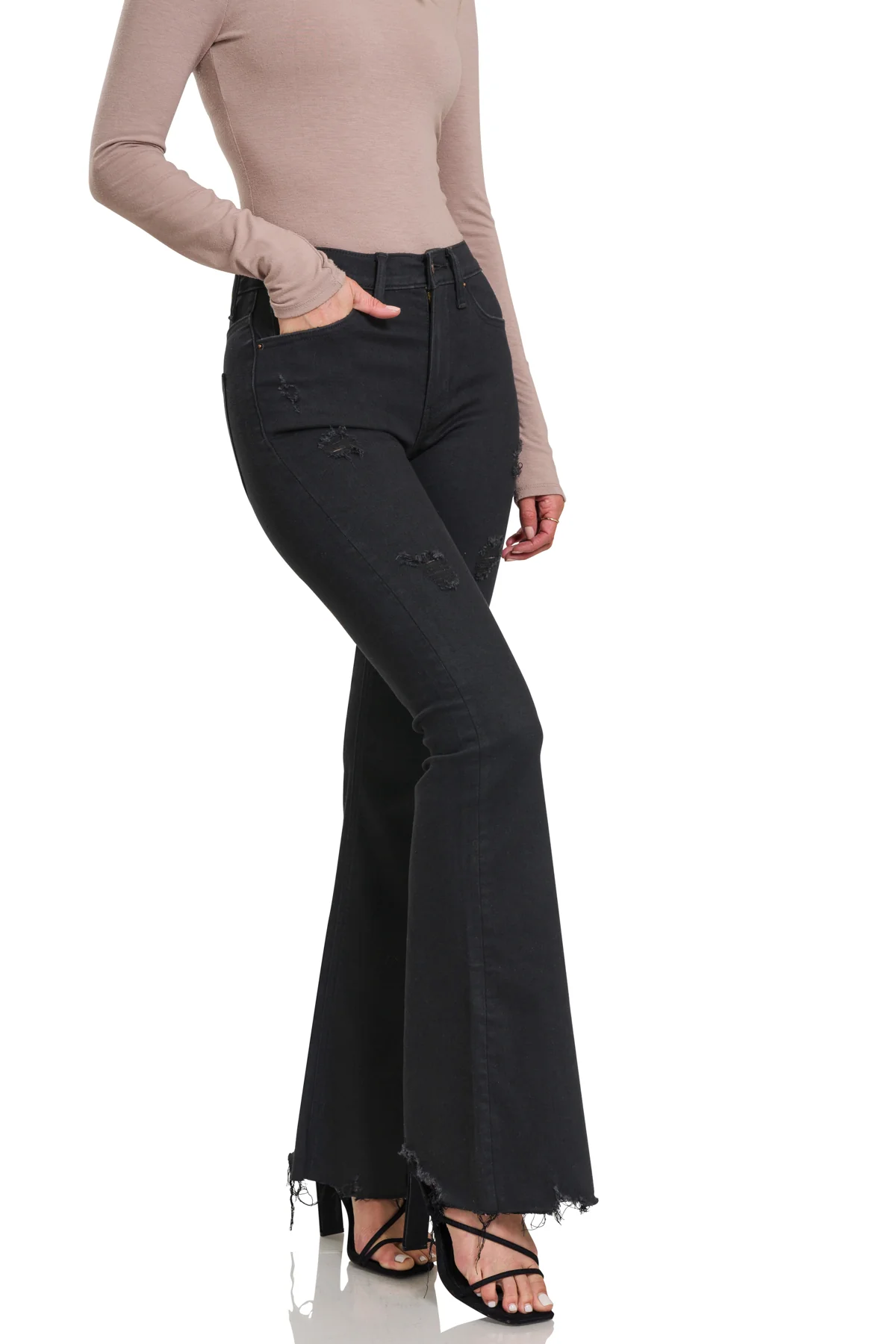 High-Rise Distressed Flare Jeans in Black