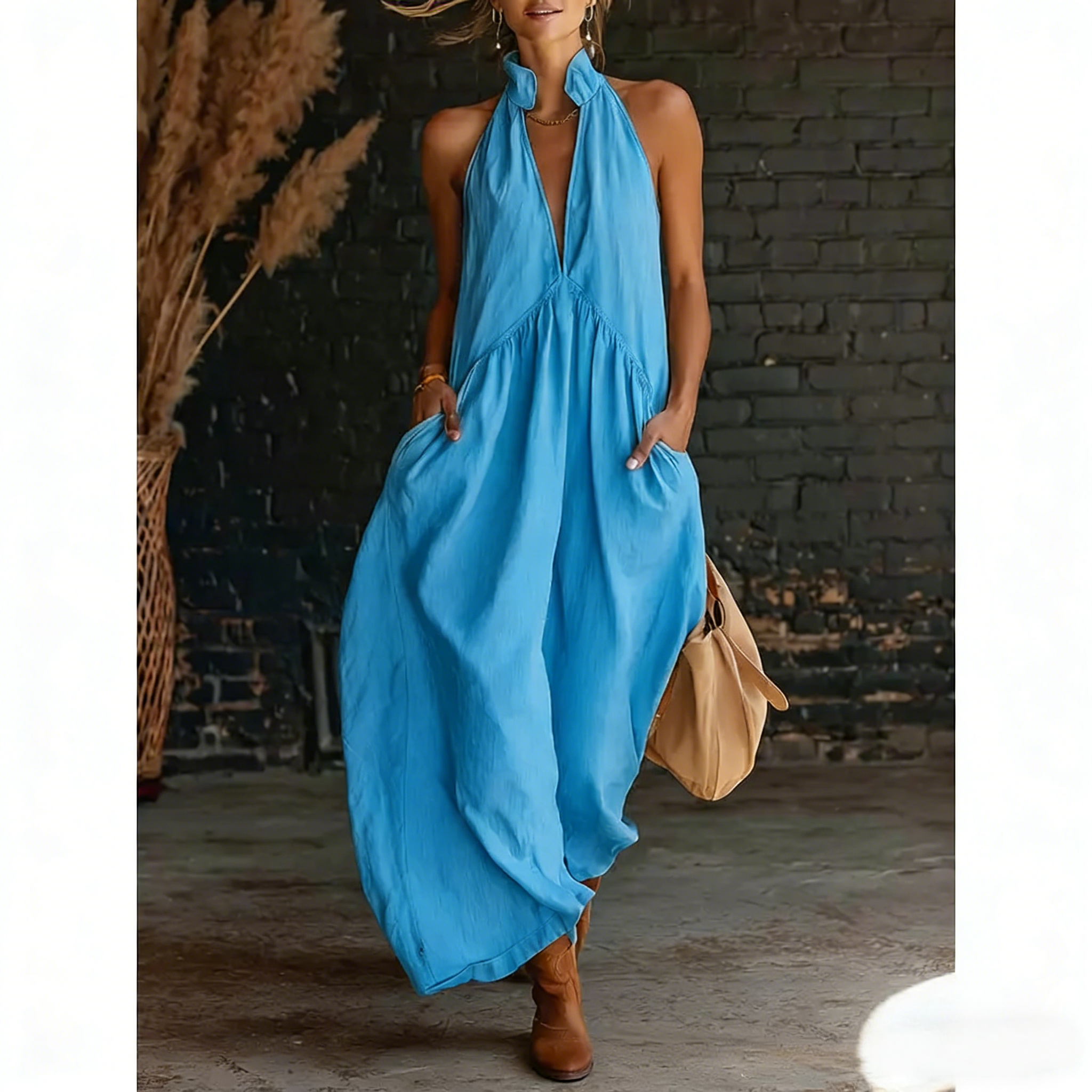 2026 Minimalist Halter Neck Maxi Dress | Casual Loose Fit Pocket Dress | Effortless Summer Outfit for Women