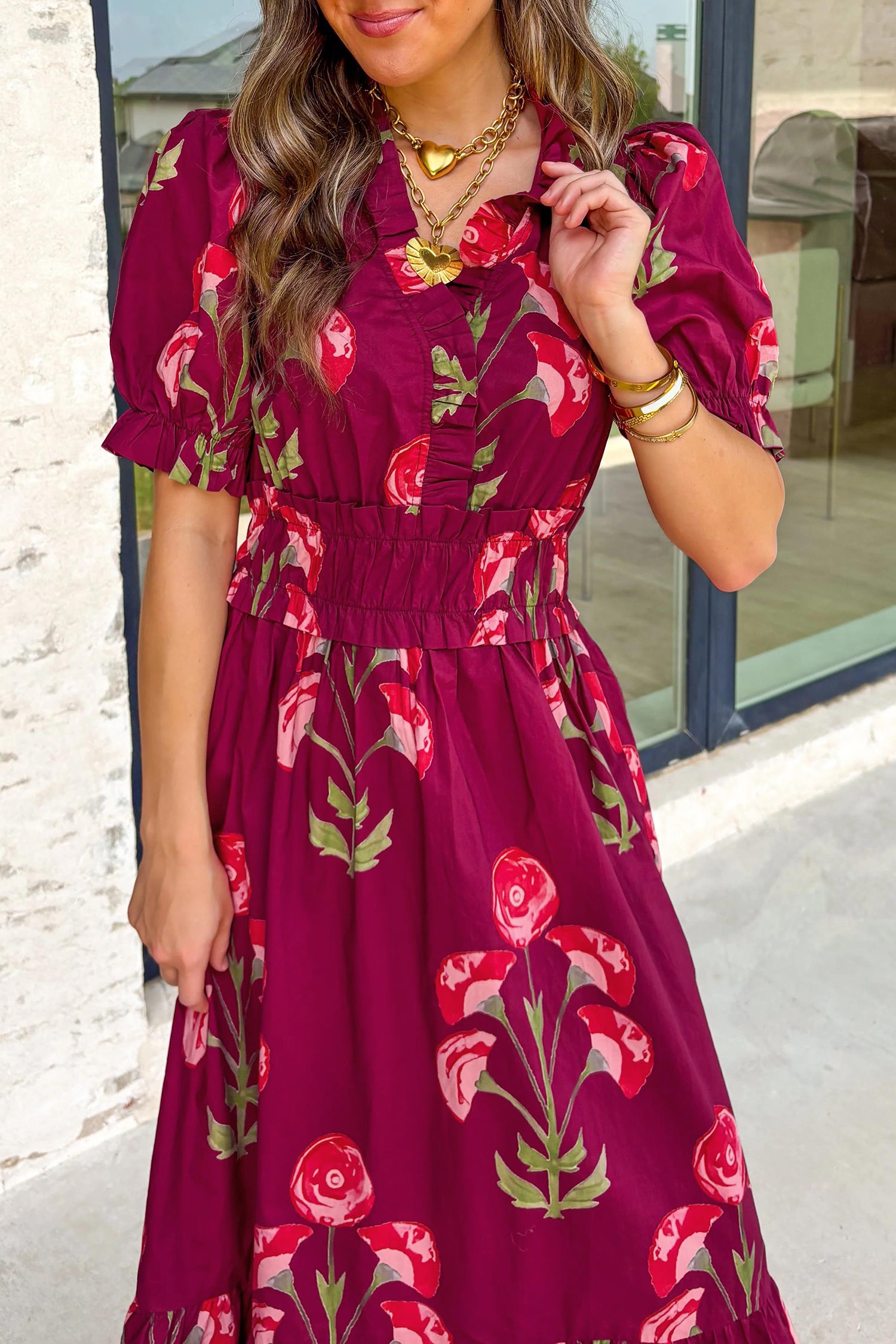 Red Floral Print Frilled V Neck Short Sleeve Ruffle Maxi Dress