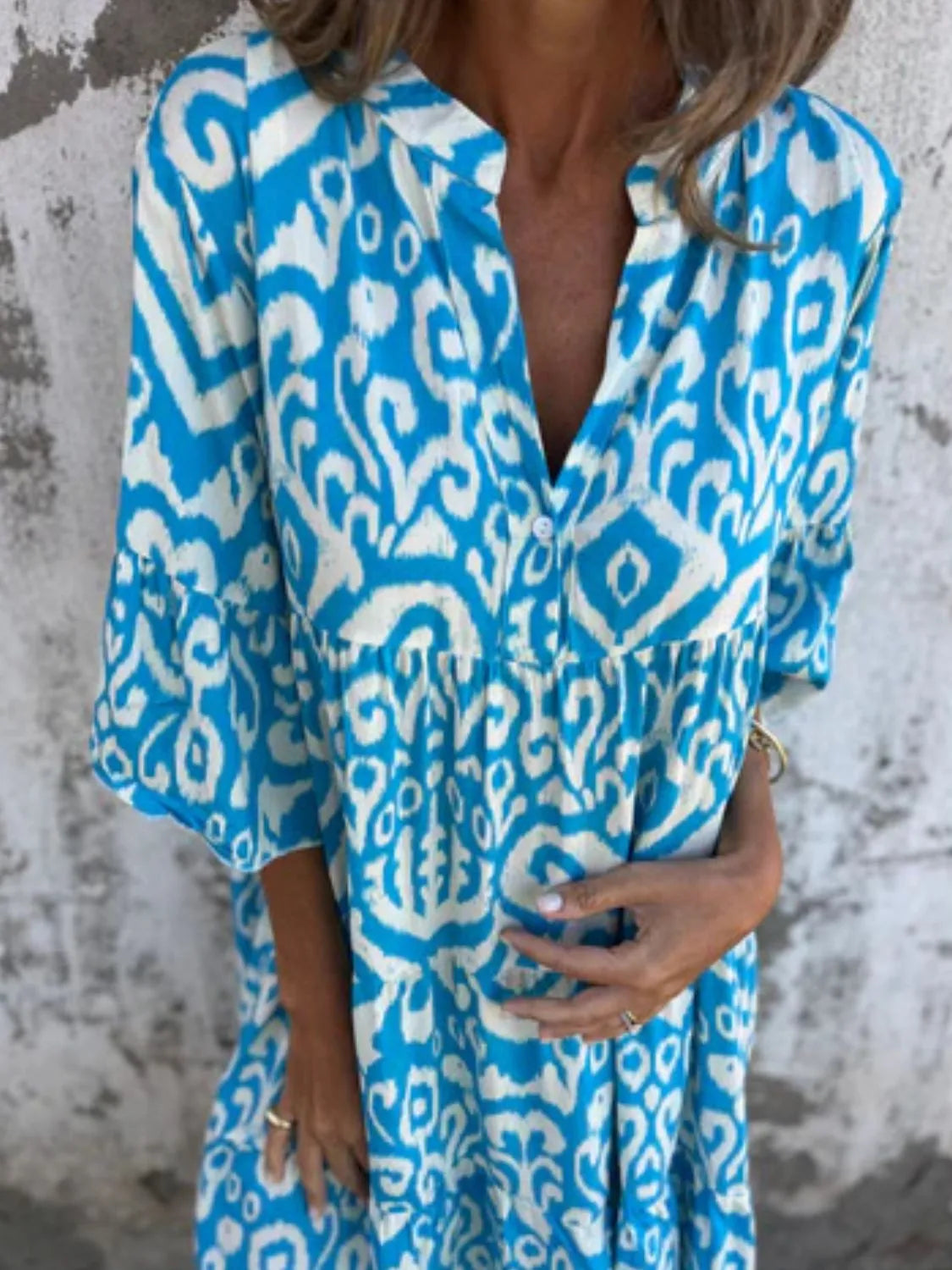 Plus Size Ethnic Print Notched Half Sleeve Midi Dress