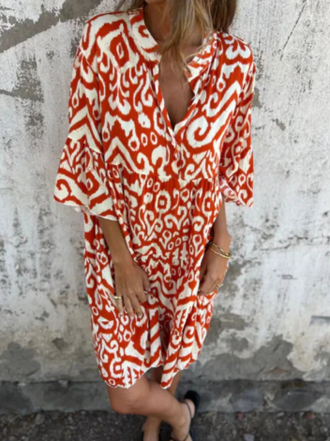 Plus Size Ethnic Print Notched Half Sleeve Midi Dress