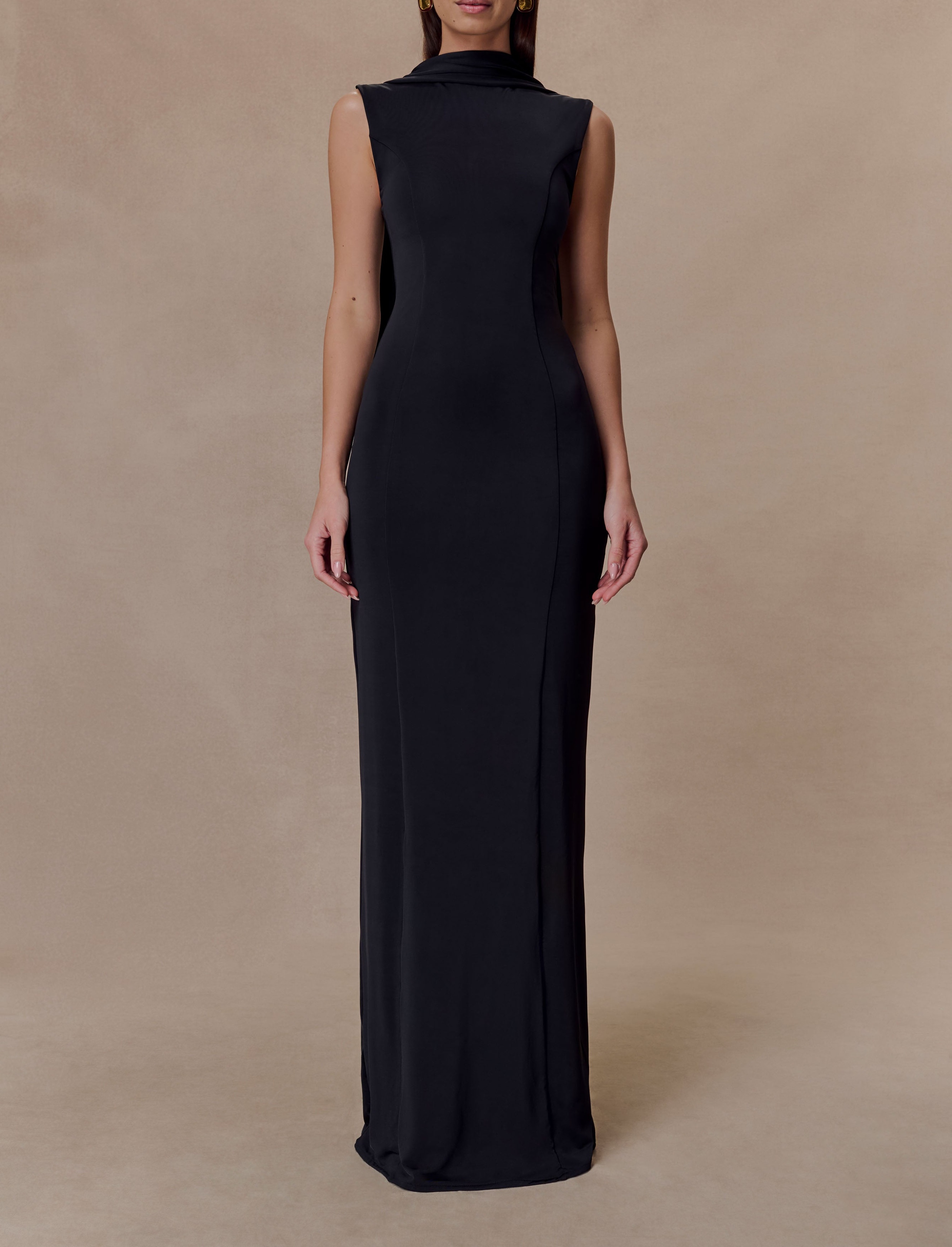 Black Slinky Maxi Dress With Scarf