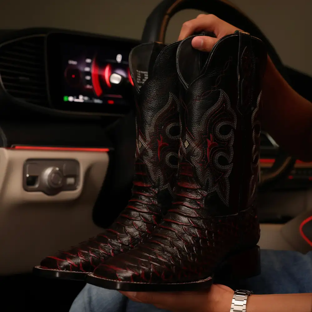 Black Cherry Anaconda Leather Boots - Square Toe