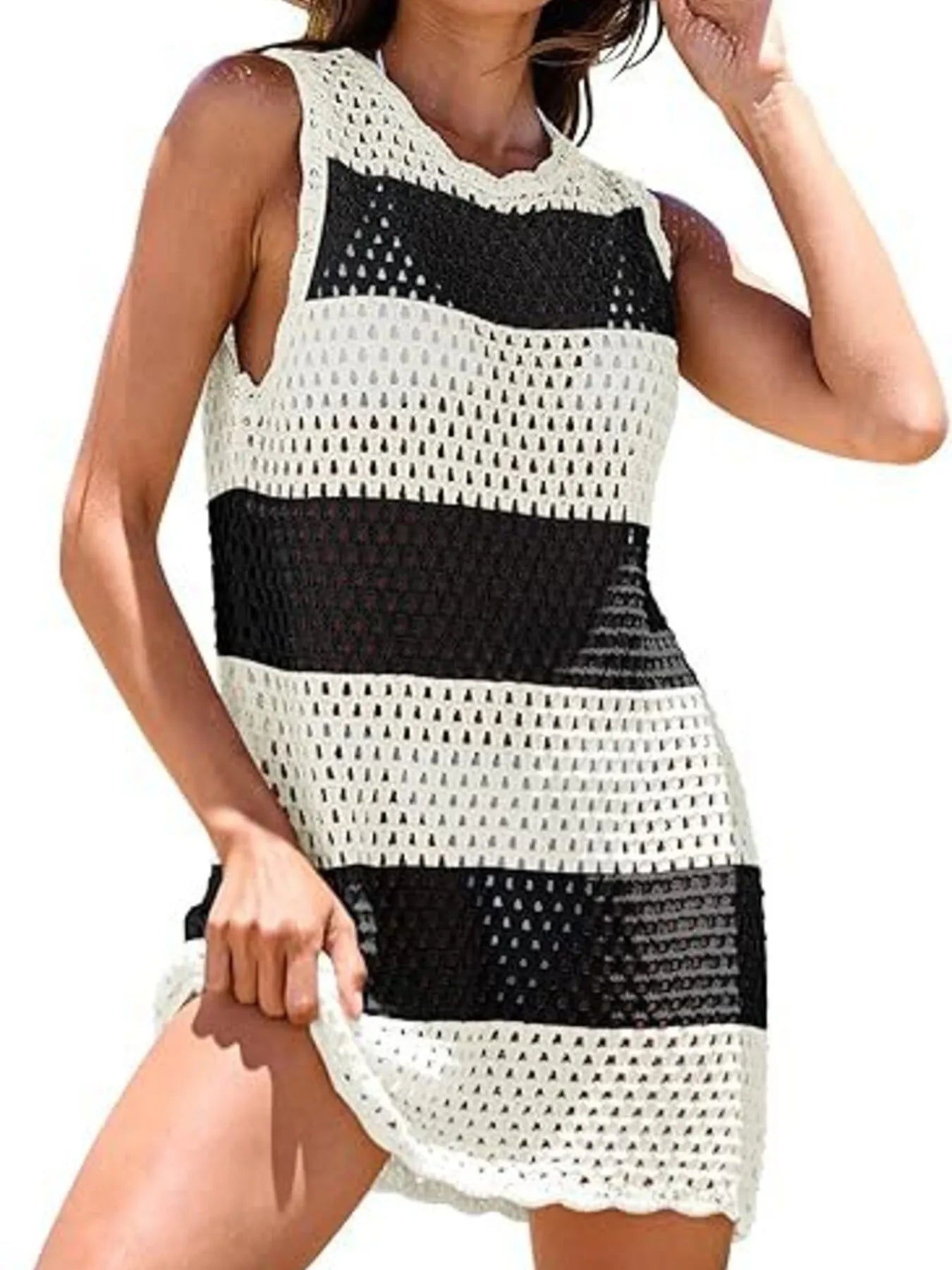 Color Block Openwork Sleeveless Cutout Back Cover-Up Mini Dress