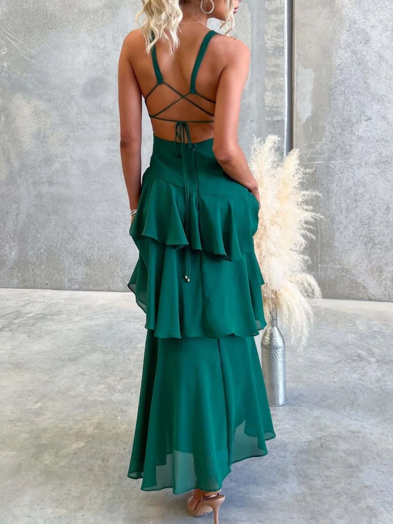Sleeveless Ruffled Layered Backless Maxi Dress