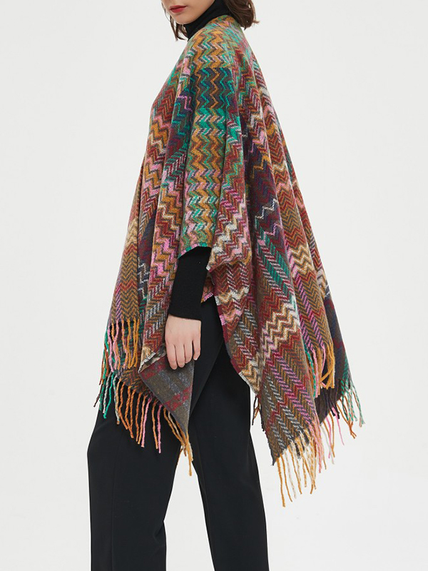 Keep Warm Split-Side Tasseled High-Low Long Sleeves Shawl&Scarf