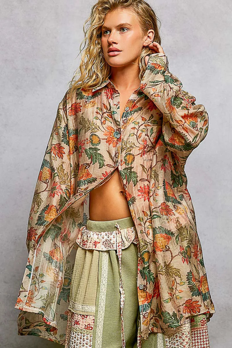 POL Metal Button Down Floral Long Sleeve Shirt